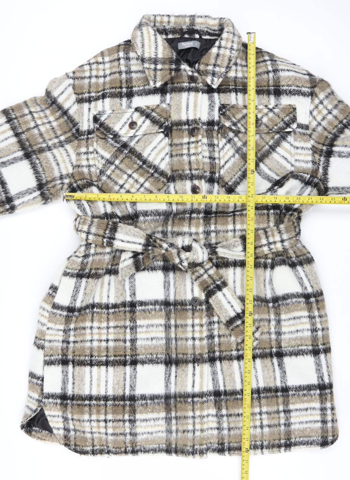 Nutmeg Women Beige Check Belted Mid-Length Coat Size 16