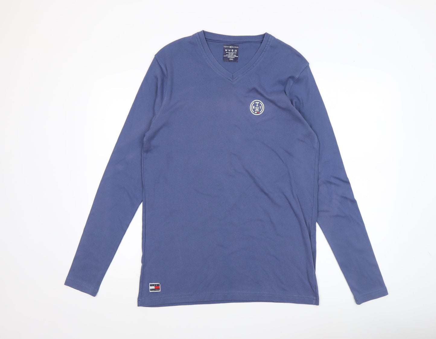 Tommy Hilfiger Men's Blue 2XL Long Sleeve V-Neck Cotton Top