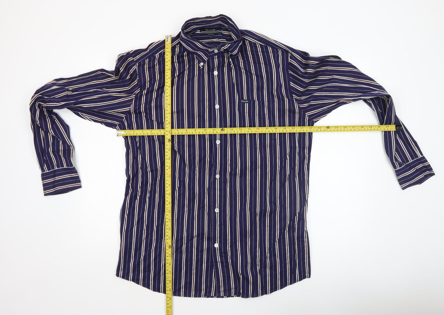 Façonnable Men's Blue Striped Long Sleeve Cotton Dress Shirt L