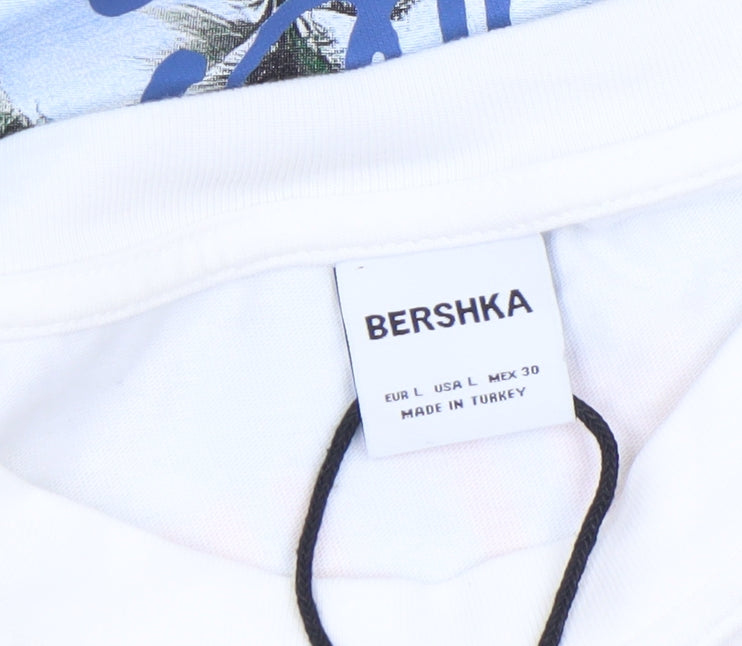 Bershka Women’s White Graphic T-Shirt Size L Beach Print Casual Top