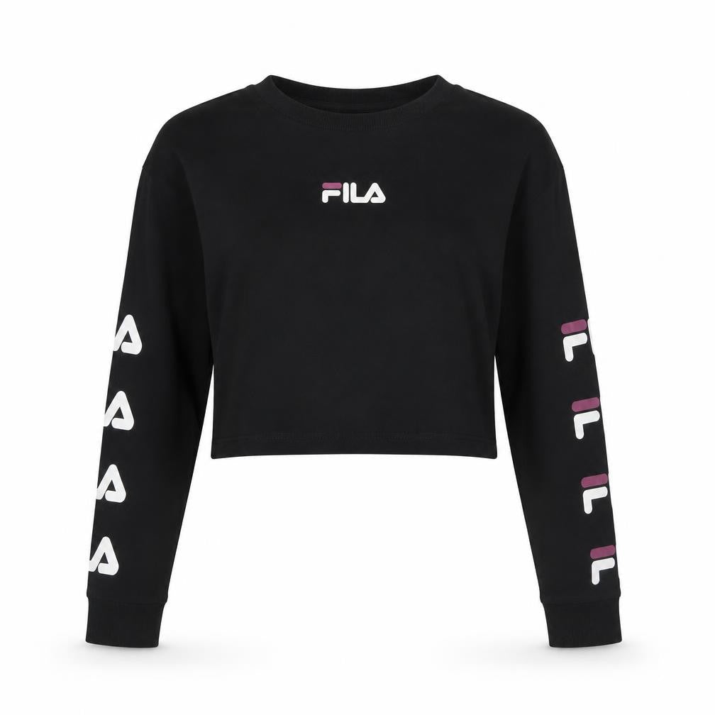 Fila Womens Black Cropped Long Sleeve Crew Neck T-Shirt Size 2XS