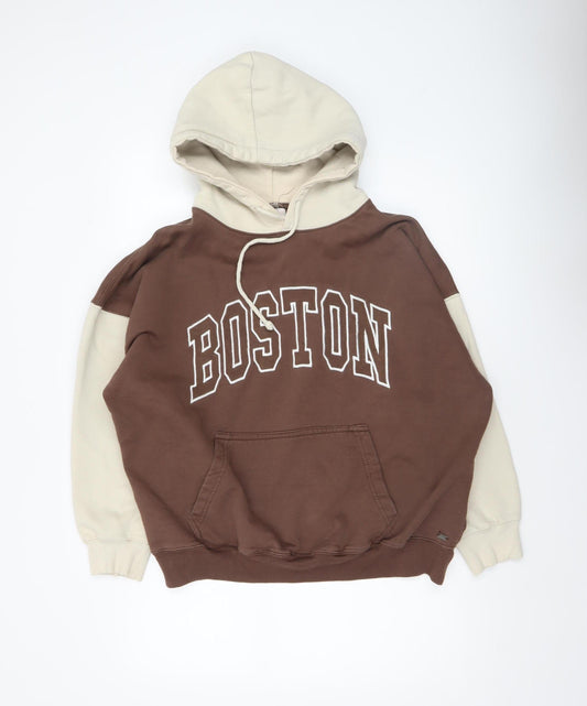 Pull&Bear Teens Brown Beige Boston Logo Pullover Hoodie Size S