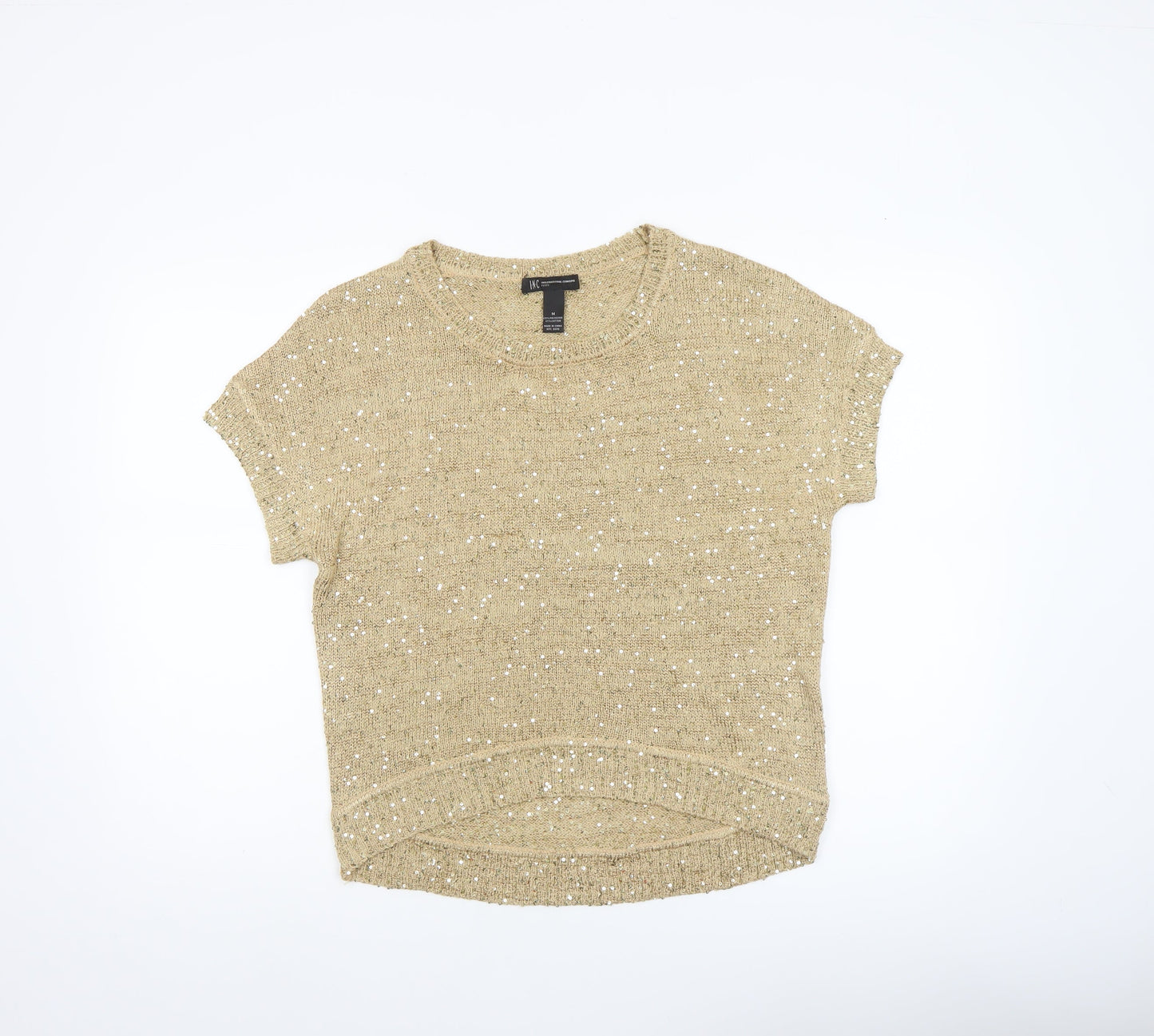INC International Concepts Beige Sequin Knit Petite M Women's Short Sleeve Jumper