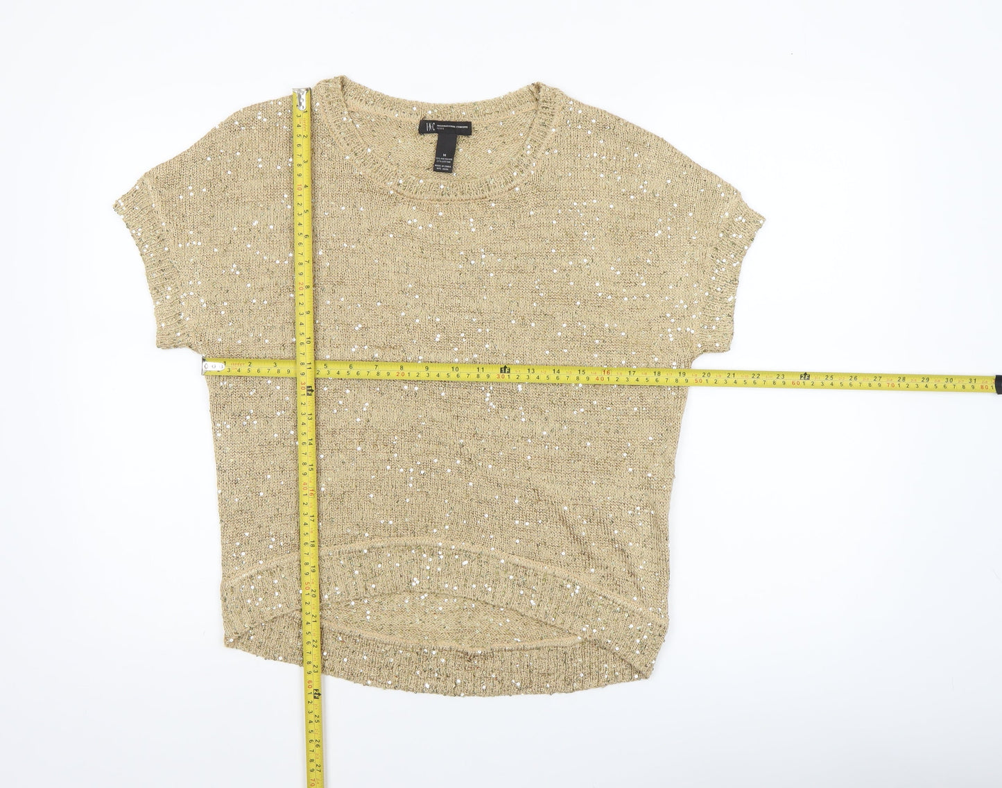INC International Concepts Beige Sequin Knit Petite M Women's Short Sleeve Jumper