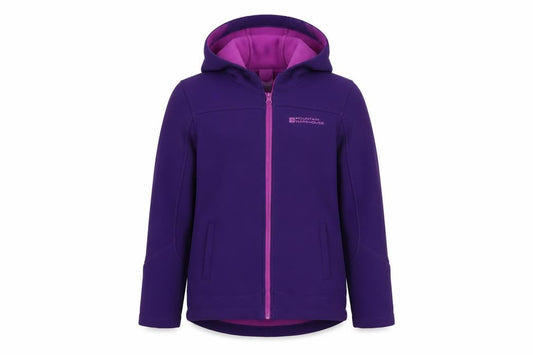 Front view of Mountain Warehouse girls’ purple hooded softshell jacket 7-8 years