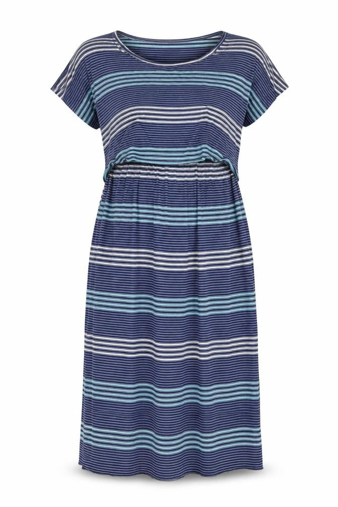 Bearslang Women Blue Striped Nursing Dress M Short Sleeve Viscose