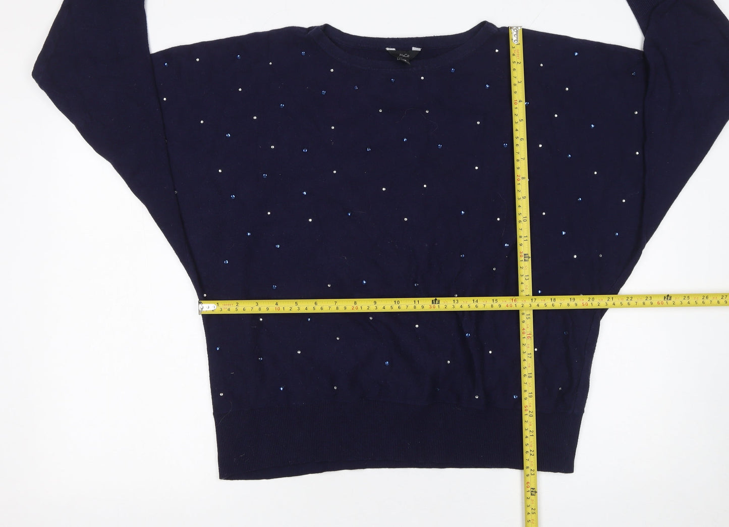 M&Co Women’s Blue Beaded Crew Neck Long Sleeve Jumper Size 18