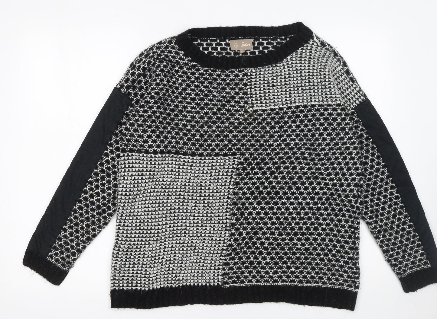 Soon Women's Black & White Patch Knit Jumper Size 14 Classic Style