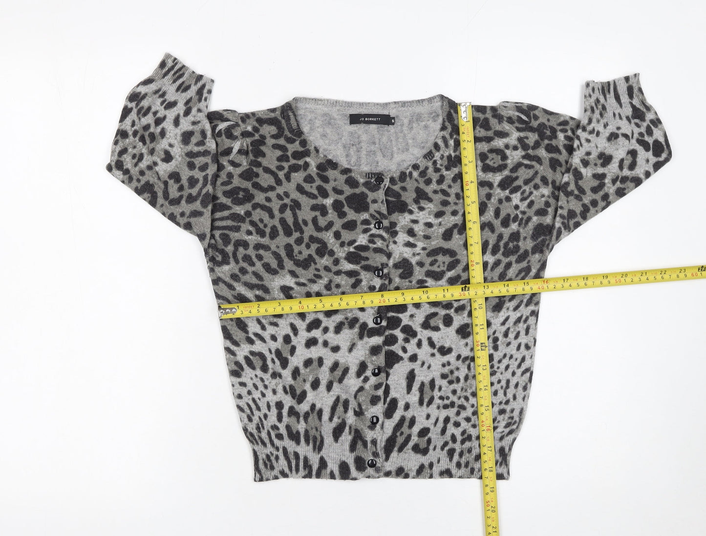 Jo Borkett Women’s Grey Animal Print Wool Blend Cardigan Size S
