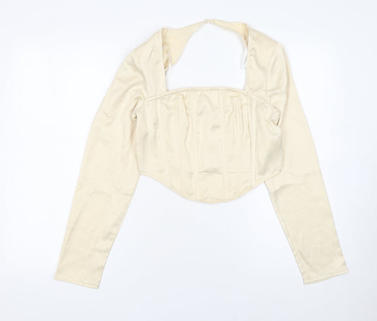 Missguided Women Ivory Cropped Satin Long Sleeve Blouse UK 10