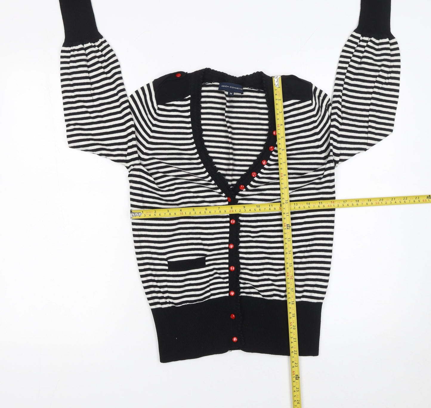 French Connection Womens Black White Striped Cardigan Medium Knit Long Sleeve