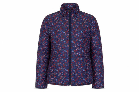 Front view of Anne de Lancay Women's Blue Floral Puffer Jacket, size M
