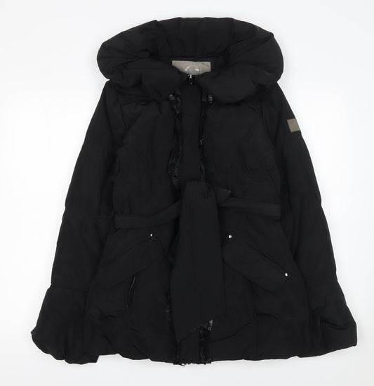 Covered Women Black Belted Puffer Coat Size 10 Winter Hooded Jacket