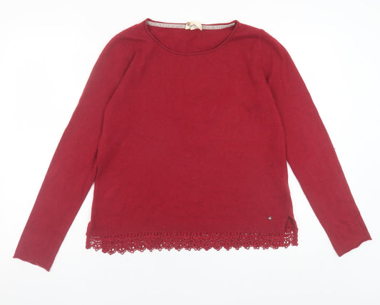 White Stuff Women Red Wool Cashmere Blend Crochet Hem Jumper Size 12