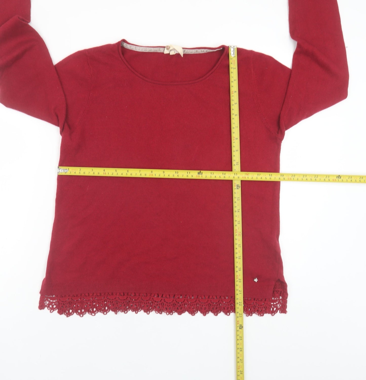 White Stuff Women Red Wool Cashmere Blend Crochet Hem Jumper Size 12