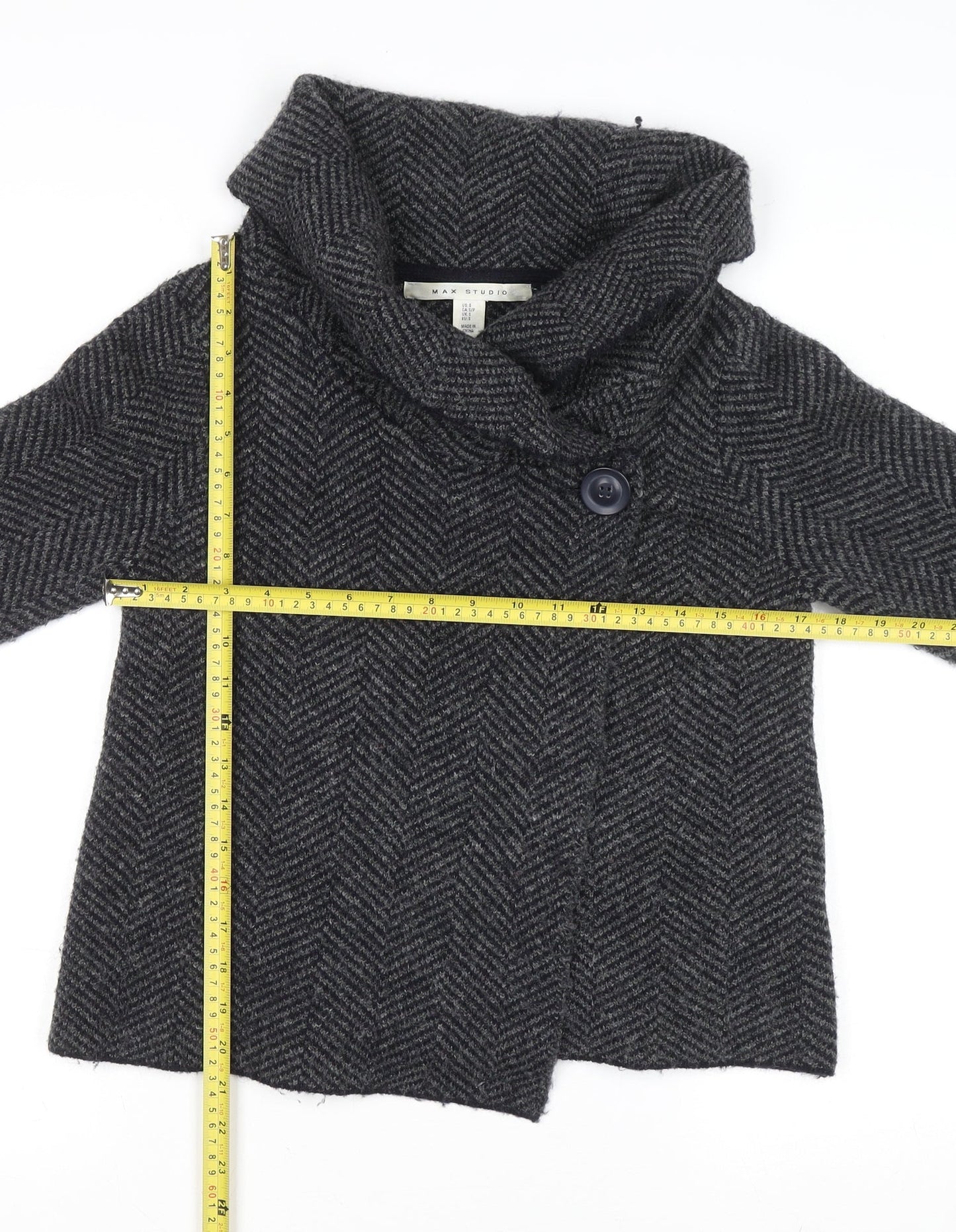 Max Studio Women’s Grey Herringbone Cardigan Small Wool Blend