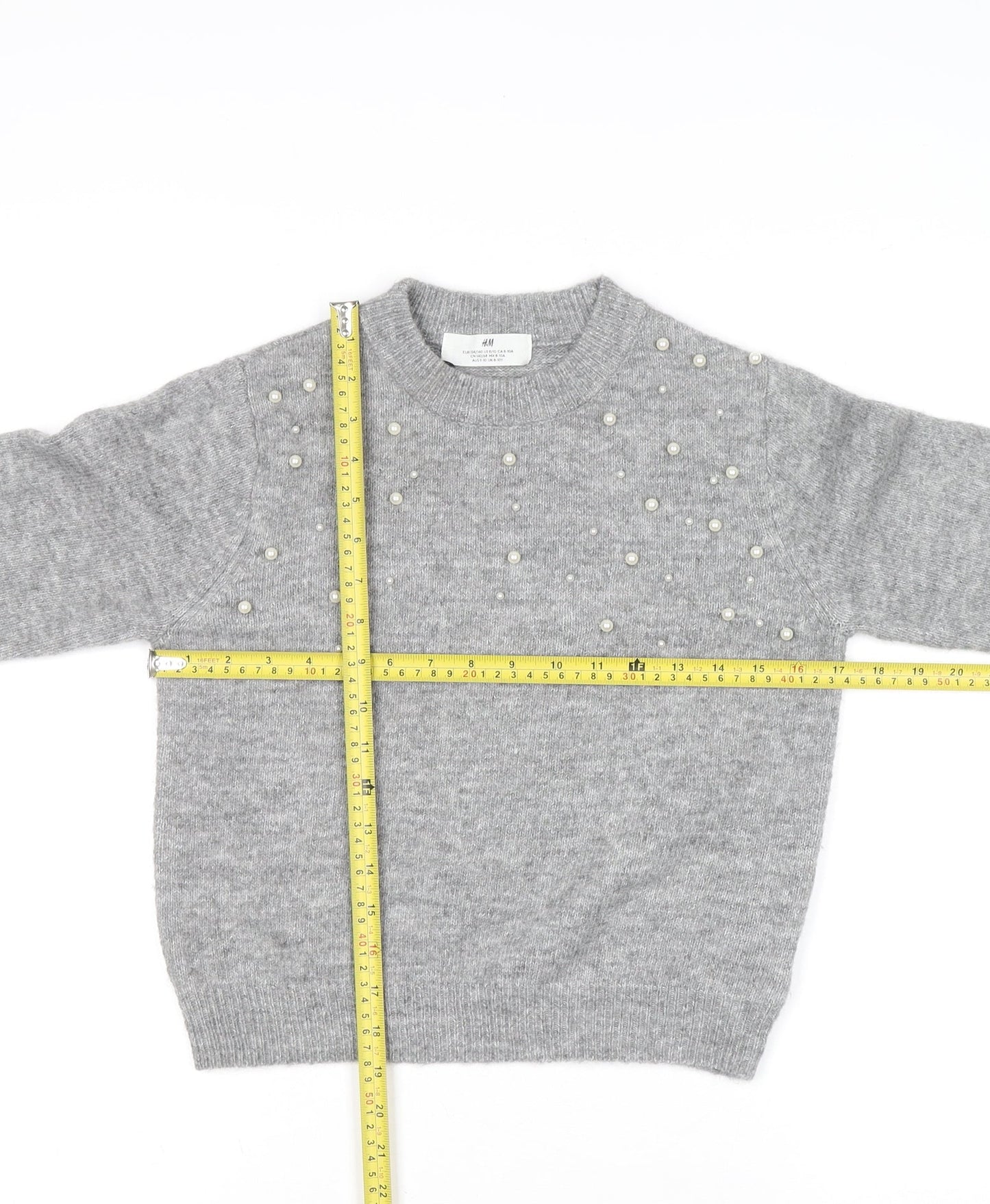 H&M Teens Grey Beaded Crew Neck Long Sleeve Knit Jumper Size 8