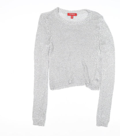 Additional front view of Guess Women's Silver Open-Knit Crew Neck Jumper, size 8