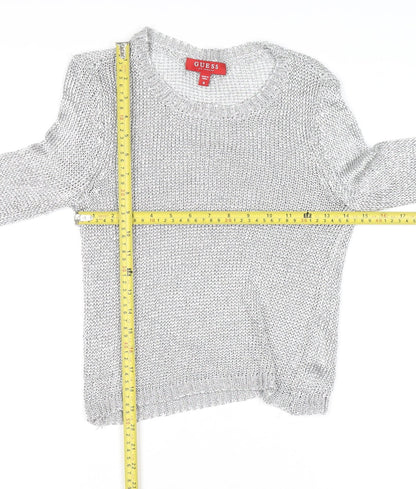Back view of Guess Women's Silver Open-Knit Crew Neck Jumper, size 8