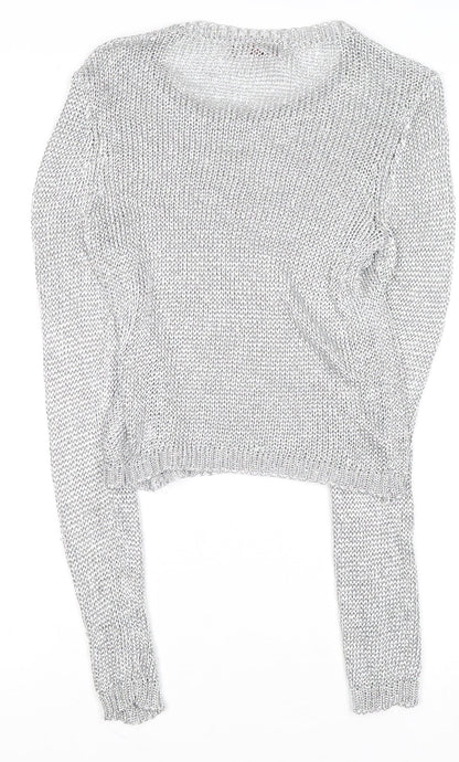 Close-up detail of Guess Women's Silver Open-Knit Crew Neck Jumper, size 8