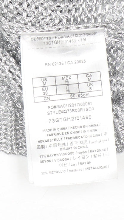 Brand and care label for Guess Women's Silver Open-Knit Crew Neck Jumper, size 8