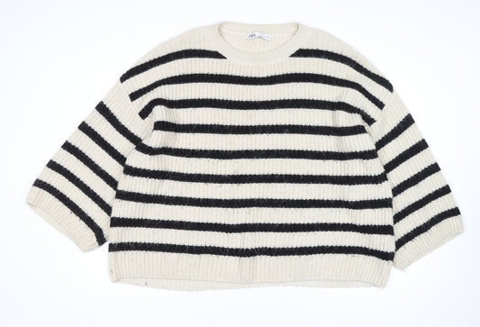 Zara Women Ivory Black Striped Chunky-Knit Pullover Jumper Size 12
