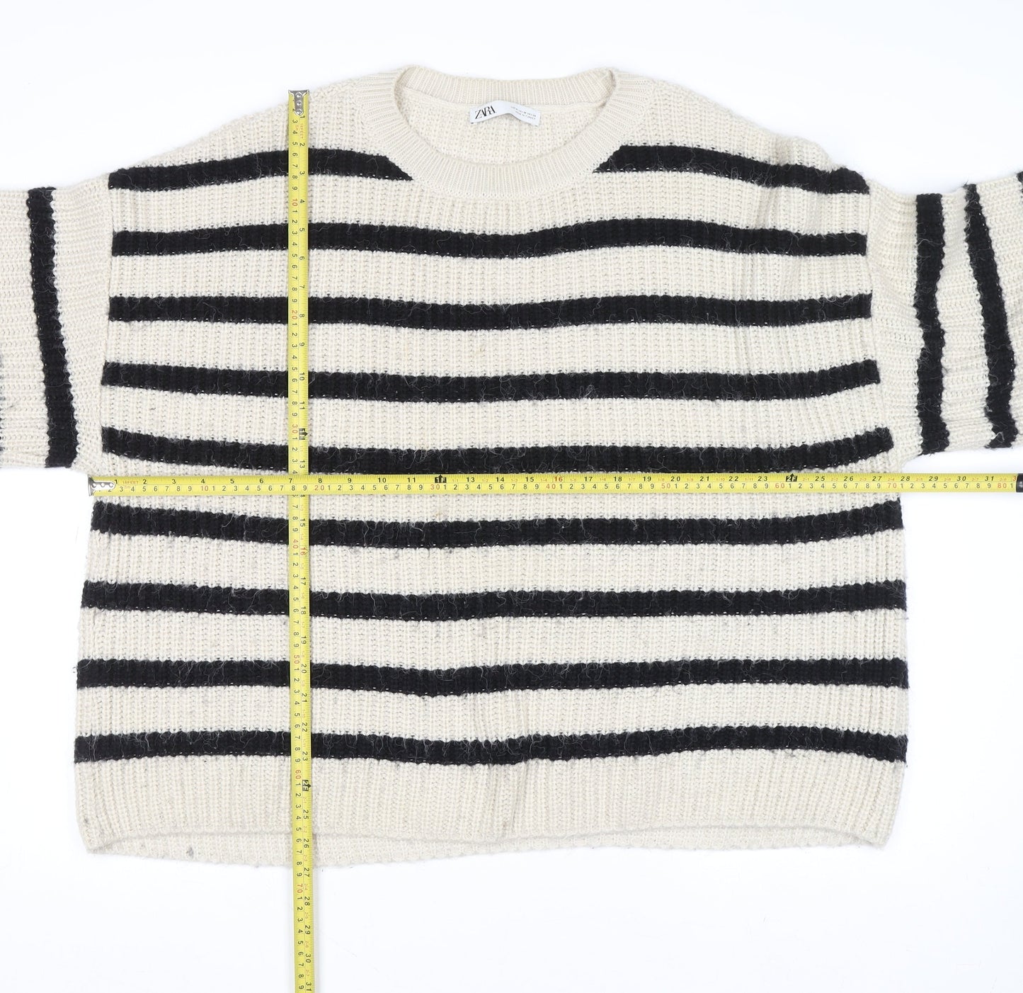 Zara Women Ivory Black Striped Chunky-Knit Pullover Jumper Size 12