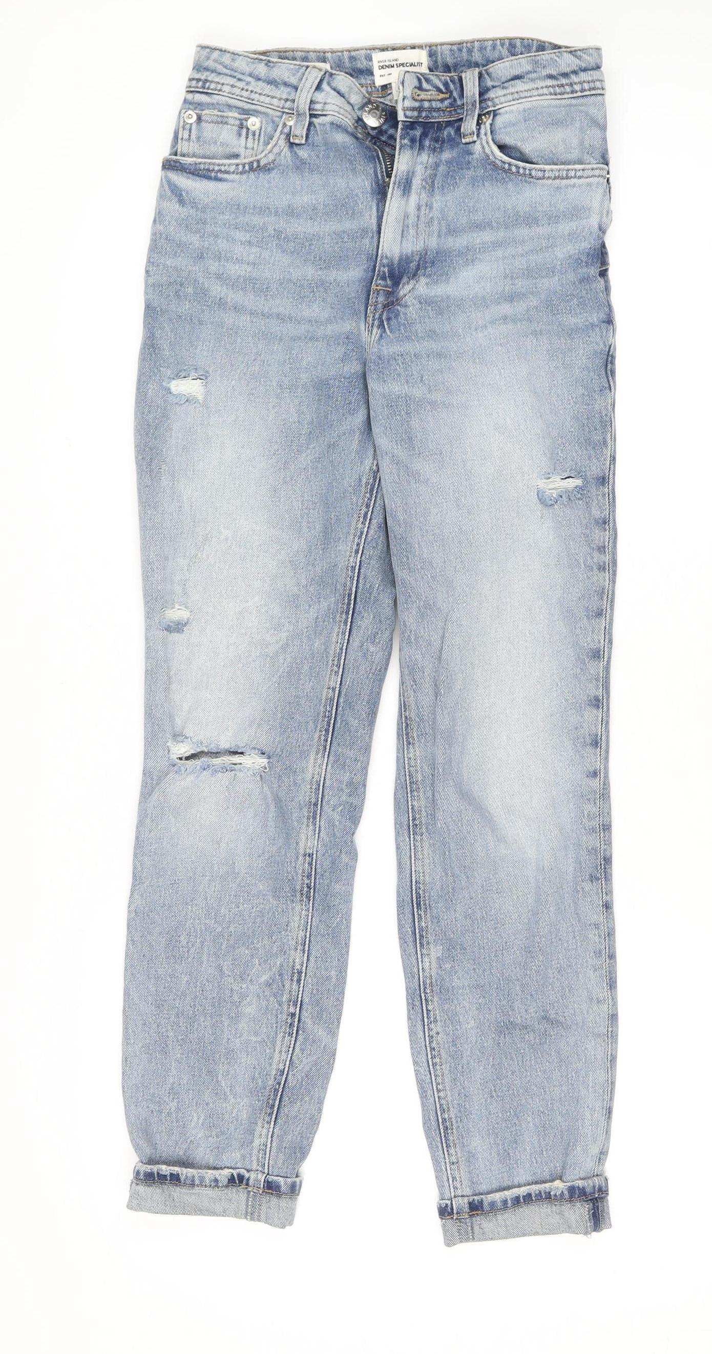 River Island Women Blue Size 6 Mom Distressed High Rise Jeans