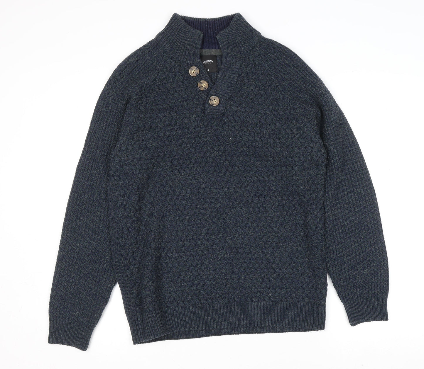 Burton Menswear Blue Wool Blend Henley Jumper Men M High Neck Classic Knit