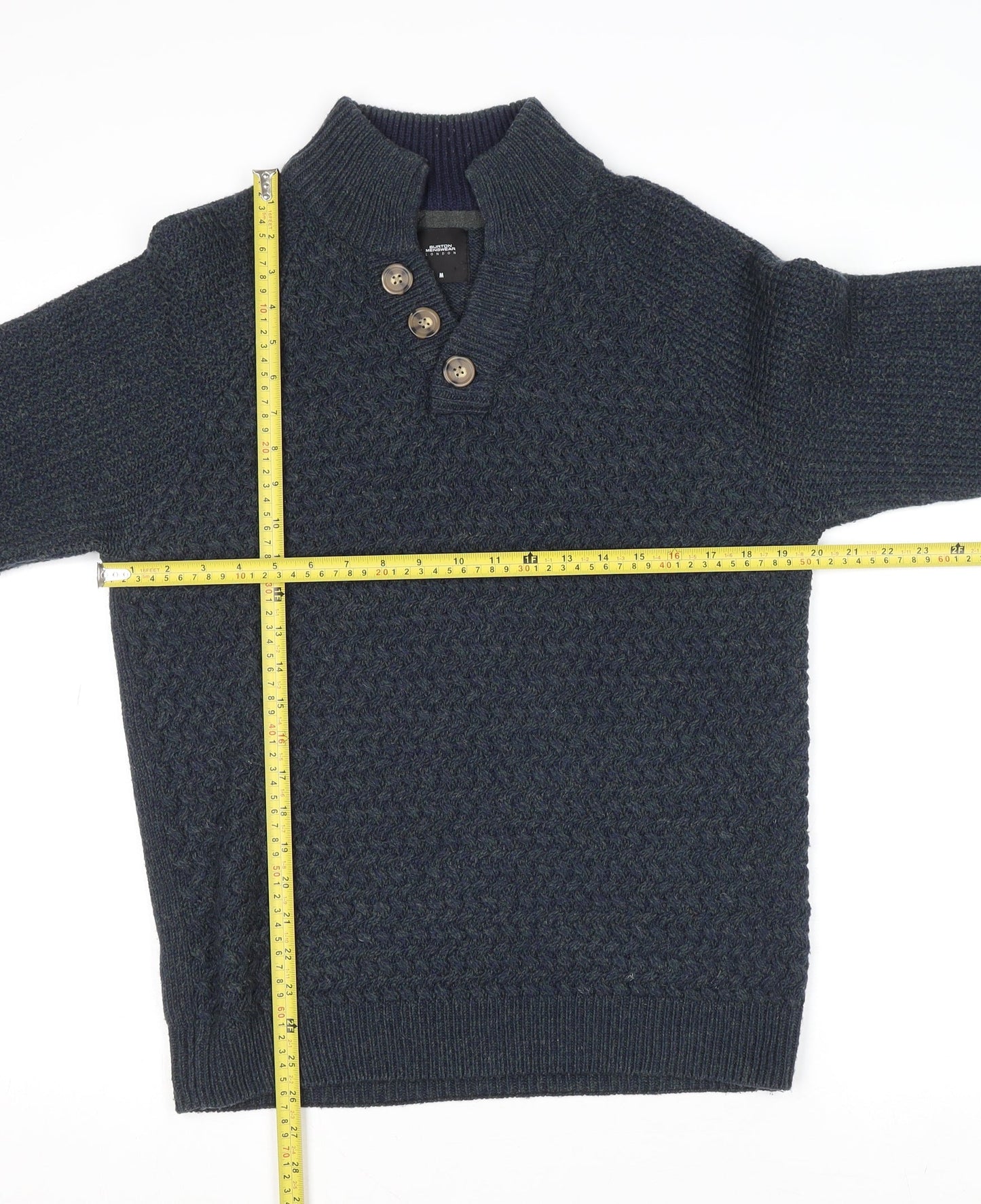 Burton Menswear Blue Wool Blend Henley Jumper Men M High Neck Classic Knit