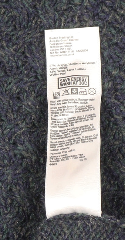 Burton Menswear Blue Wool Blend Henley Jumper Men M High Neck Classic Knit