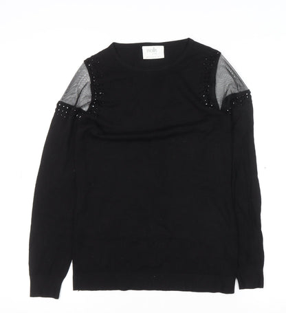 Wallis Petite Women's Black Beaded Cold Shoulder Jumper Size 8