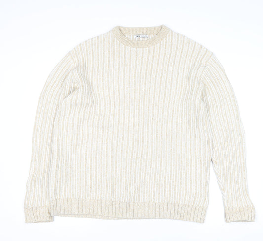 Zara Womens Beige Ribbed Knit Cotton Crew Neck Jumper Size L