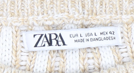 Zara Womens Beige Ribbed Knit Cotton Crew Neck Jumper Size L