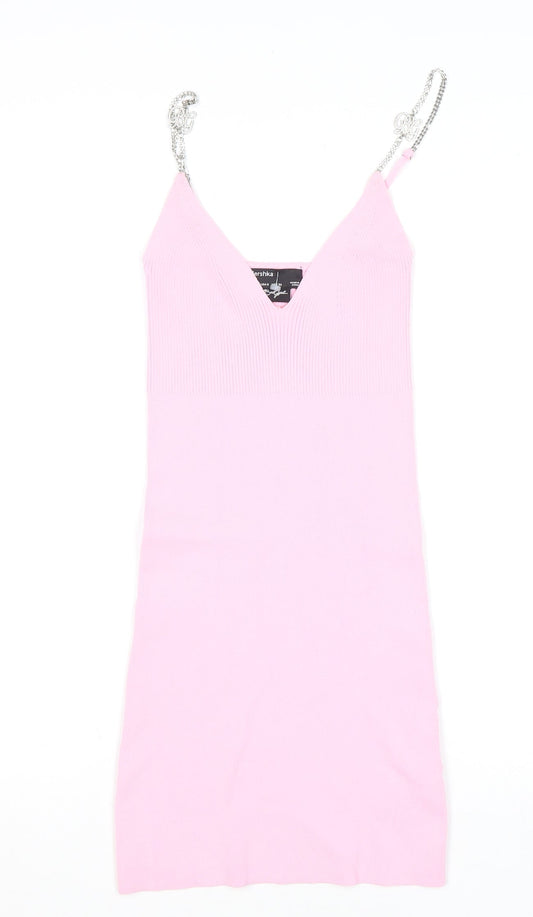 Bershka Women’s Pink Bodycon V-Neck Chain Strap Short Dress Size S