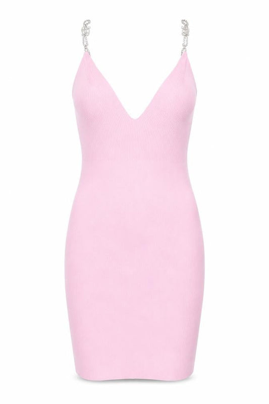Bershka Women’s Pink Bodycon V-Neck Chain Strap Short Dress Size S