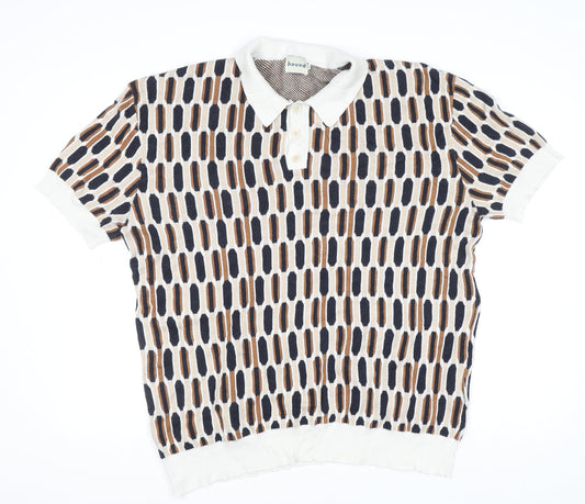Bound Mens XL Retro Geometric Knit Polo Shirt Multicoloured Cotton Blend