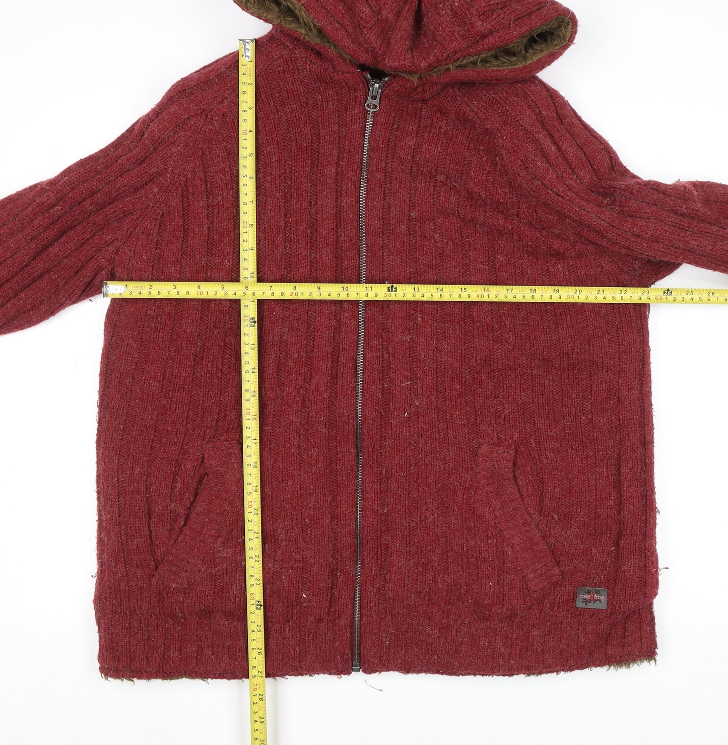 Joe Browns Women’s Red Full Zip Hooded Cardigan XL Acrylic Wool Blend