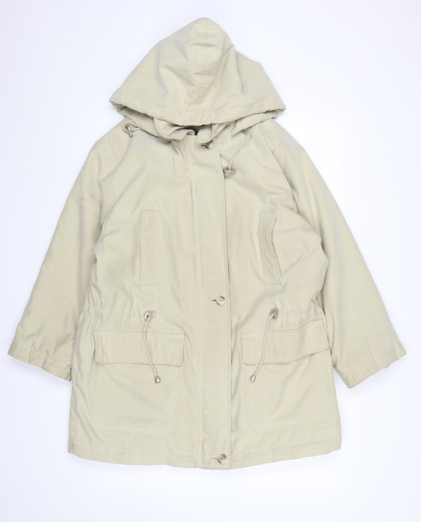 Nuage Women’s Beige Hooded Parka Jacket Size 12 Lined Drawstring