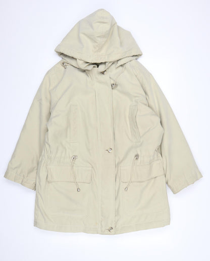 Additional front view of Nuage Women’s Beige Hooded Parka Jacket, size UK 12, Lined Drawstring