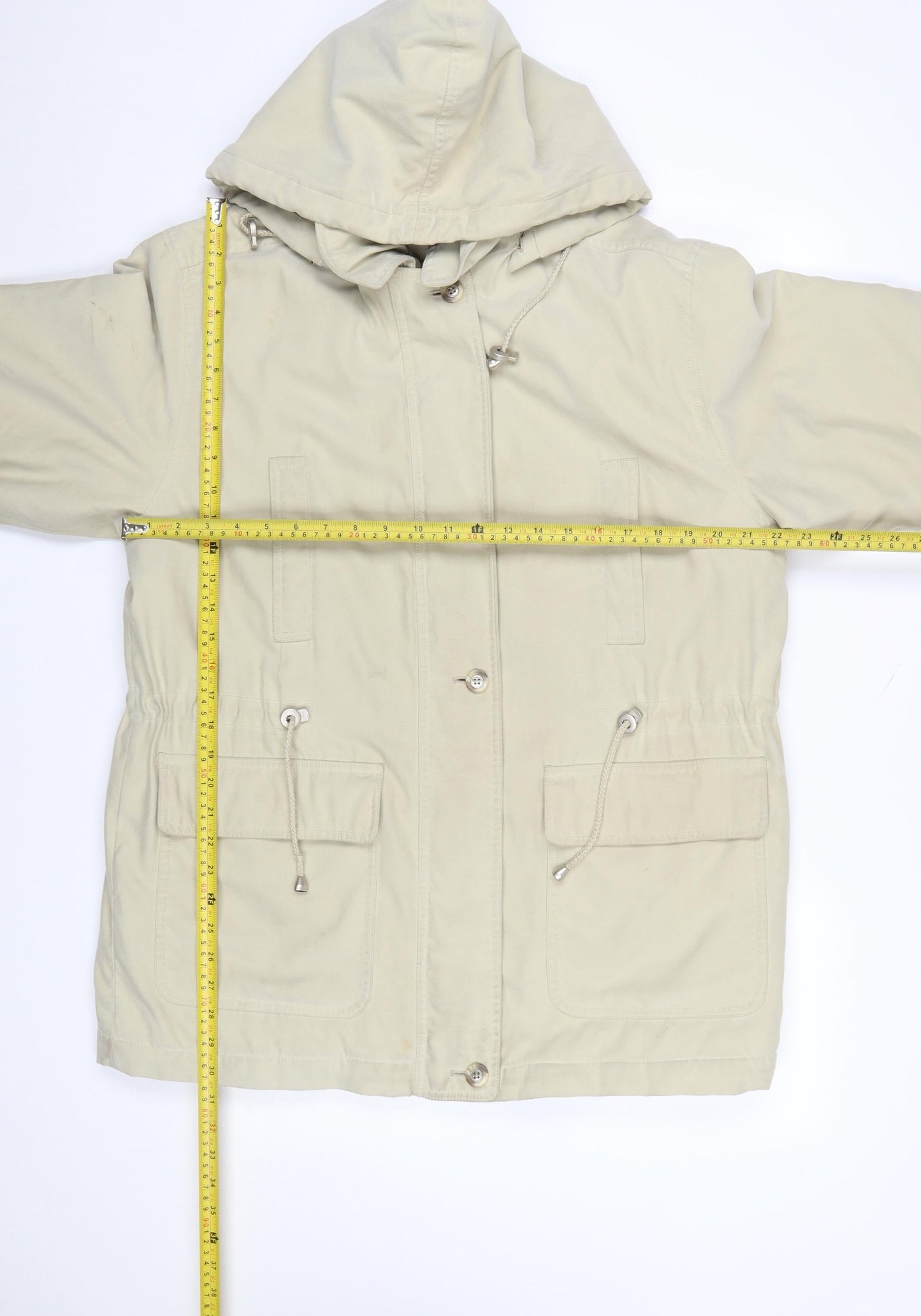 Nuage Women’s Beige Hooded Parka Jacket Size 12 Lined Drawstring