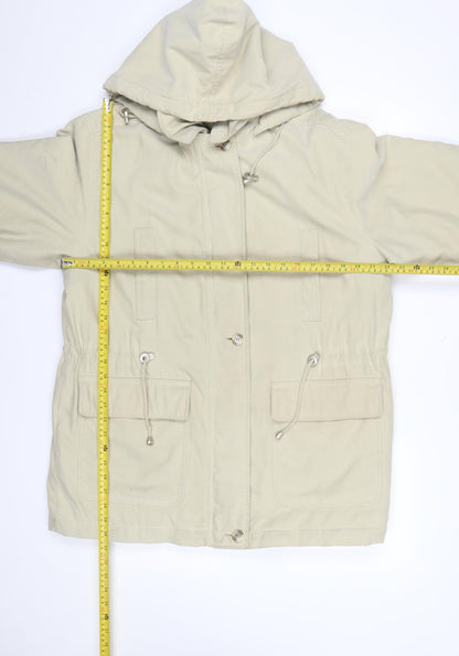 Back view of Nuage Women’s Beige Hooded Parka Jacket, size UK 12, Lined Drawstring