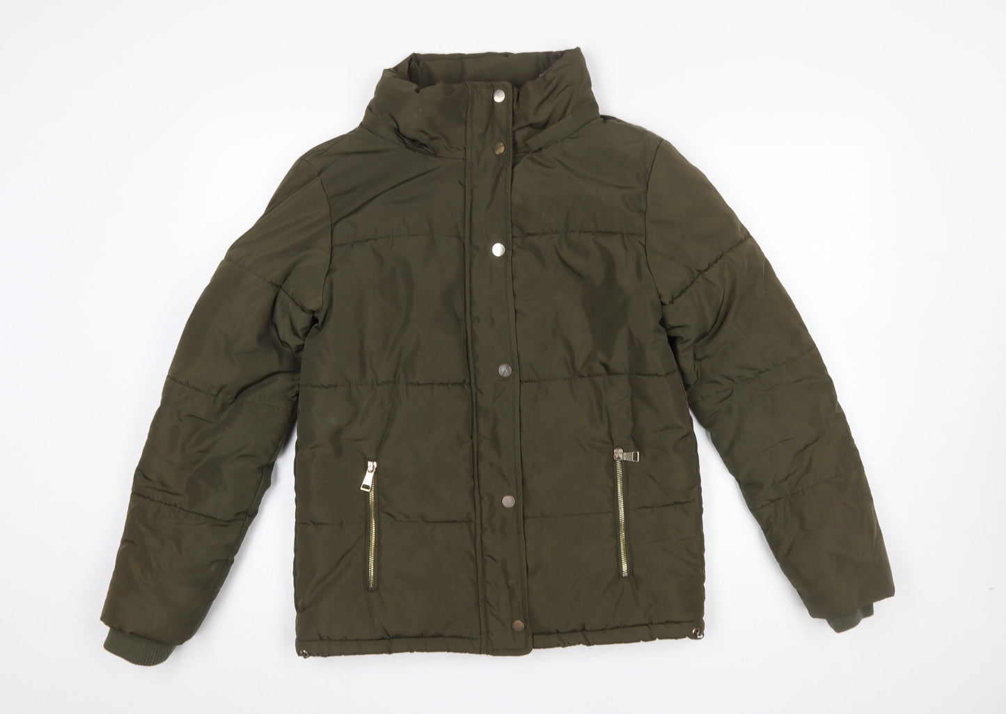 F&F Women’s Green Puffer Jacket UK 6 Lined Zipped Mid-Length Winter Coat