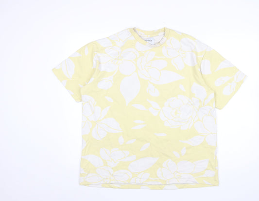 Bershka Men's Yellow Floral Cotton T-Shirt Size M