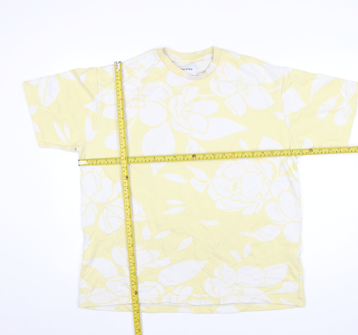 Bershka Men's Yellow Floral Cotton T-Shirt Size M