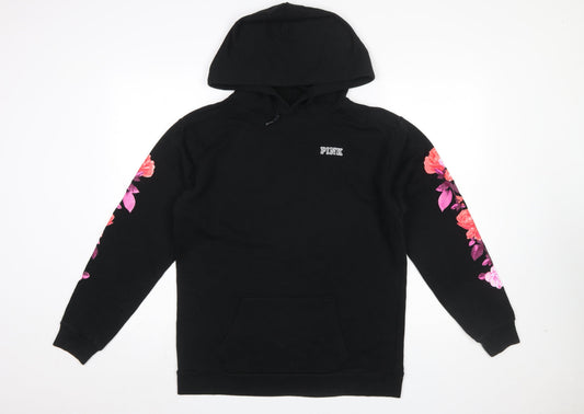Victoria's Secret PINK Women's Black Floral Sleeve Pullover Hoodie Size S