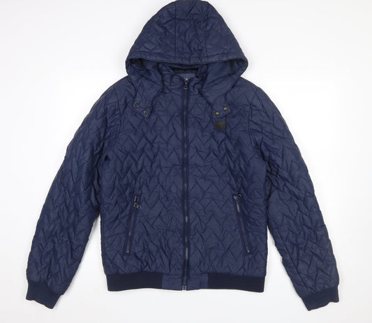 Blend Men's Blue Hooded Puffer Jacket Size M Quilted Nylon