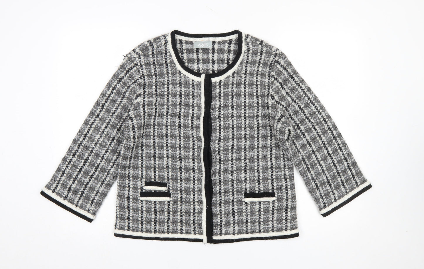 Wallis Women Grey Check Knit 3/4 Sleeve Cardigan Size M