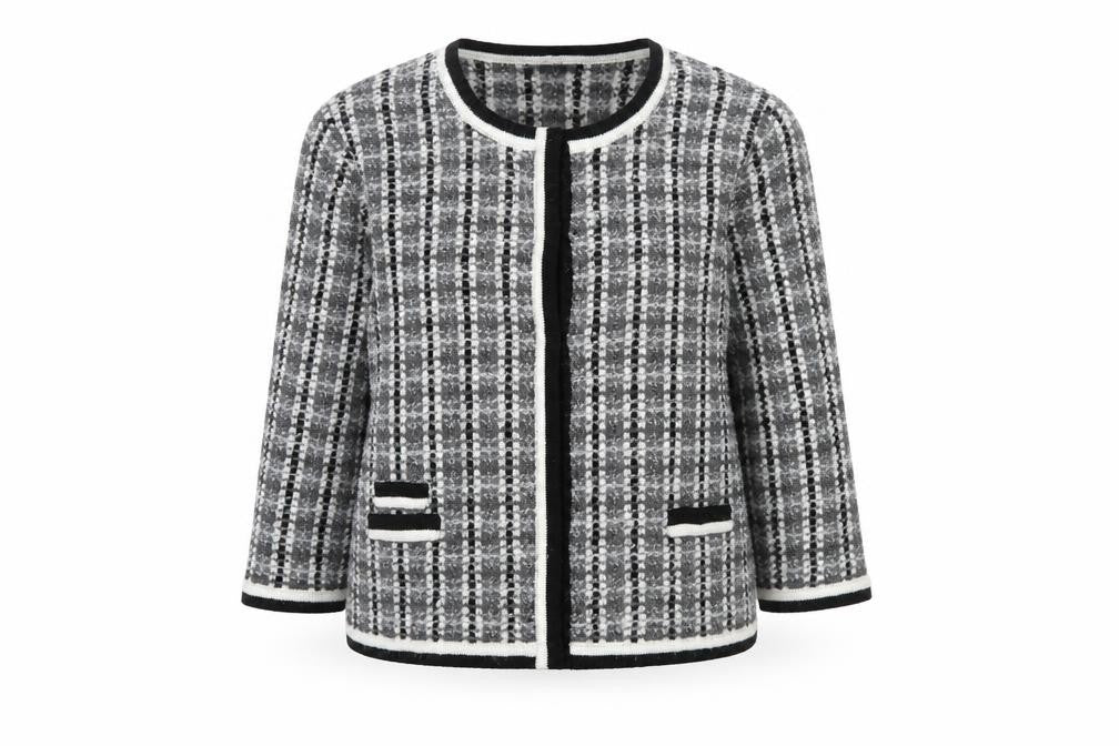Wallis Women Grey Check Knit 3/4 Sleeve Cardigan Size M