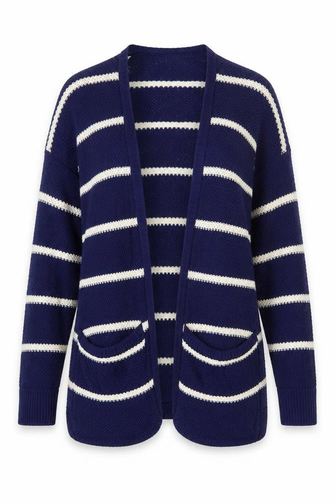 American Eagle Outfitters Women's Blue Striped Cardigan L V-Neck Knit